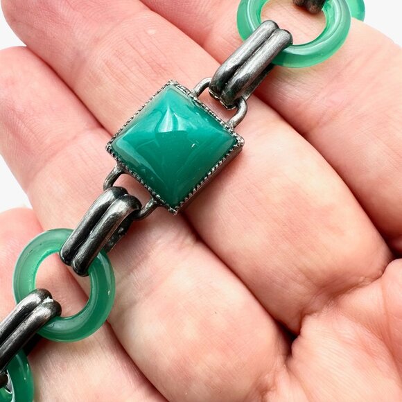 VIntage Napier Sterling Silver Green Czech Glass Bracelet 6.5 Inch - Picture 3 of 5